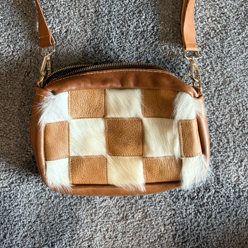Brown and White Leather Patchwork Bag